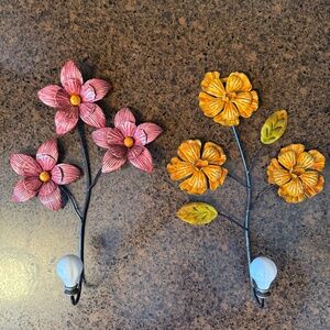 Vintage inspired pair of metal flower wall hooks